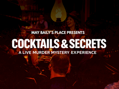 A crowded bar scene at night with people mingling; bold &ldquo;Cocktails & Secrets&rdquo; title overlaid, hinting at a live murder mystery experience.