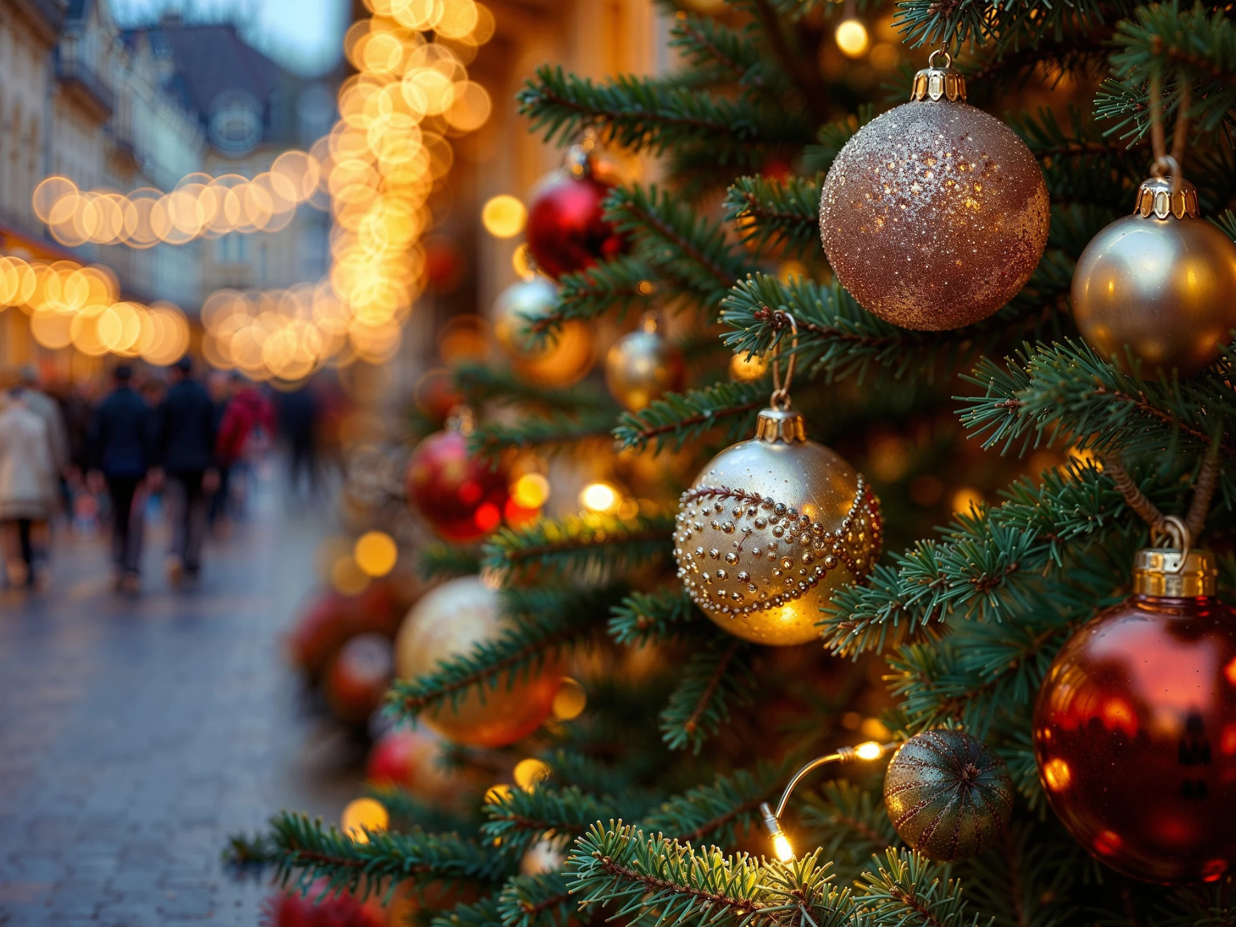 A Christmas tree branch covered with glittery baubles and warm lights, with a blurred festive street in the background.